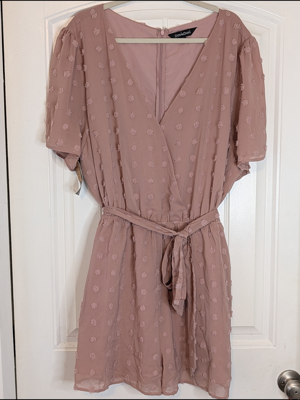 Davi & Dani Dusty Pink Plus Size Textured Dot Pattern Surplice Belted Romper